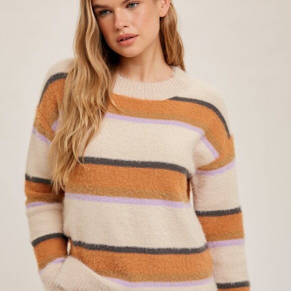 HEM & THREAD Cozy Fuzzy Striped Crewneck Sweater, Cream Tan Lavender Grey - Picture 5 of 7